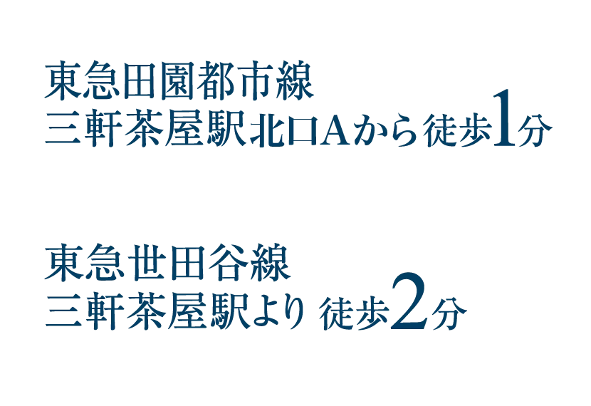東急田園都市線三軒茶屋駅北口Aから徒歩１分、東急世田谷線三軒茶屋駅より徒歩2分